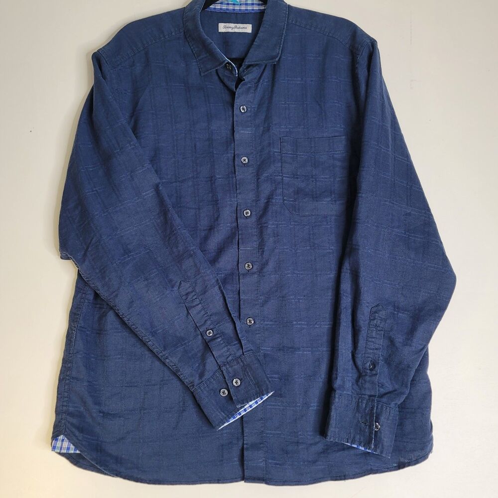 Tommy Bahama Linen Blend Shirt Men’s Large Blue Hidden Button Collar Plaid
